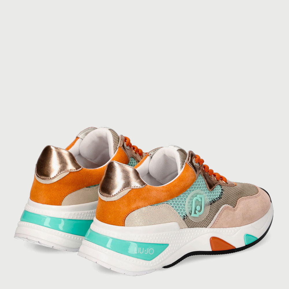 Scarpe Donna LIU JO Sneakers in Glossy Suede e Mesh Azzurro Arancione e Rosa