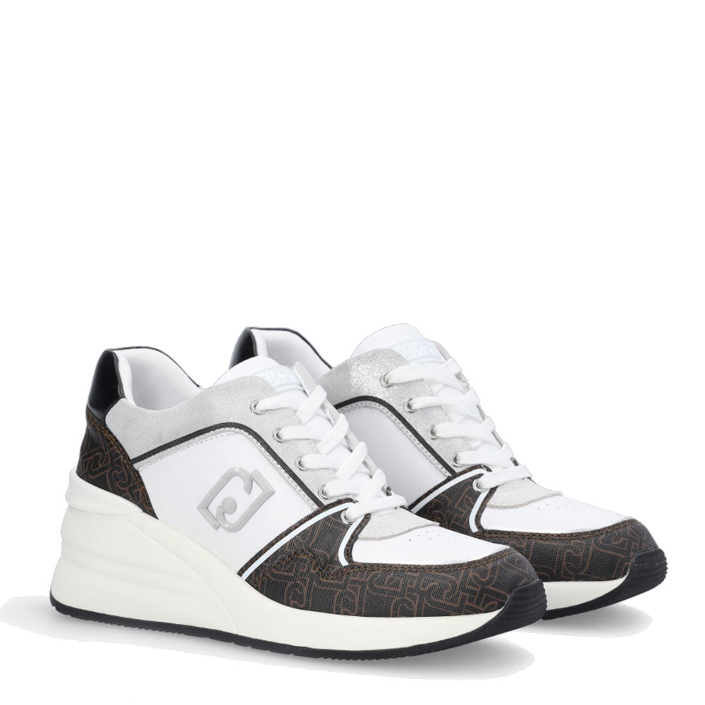 Scarpe Donna LIU JO Sneakers Alyssa 10 in Pelle Bianca Suede Glitterato e Inserti Monogram