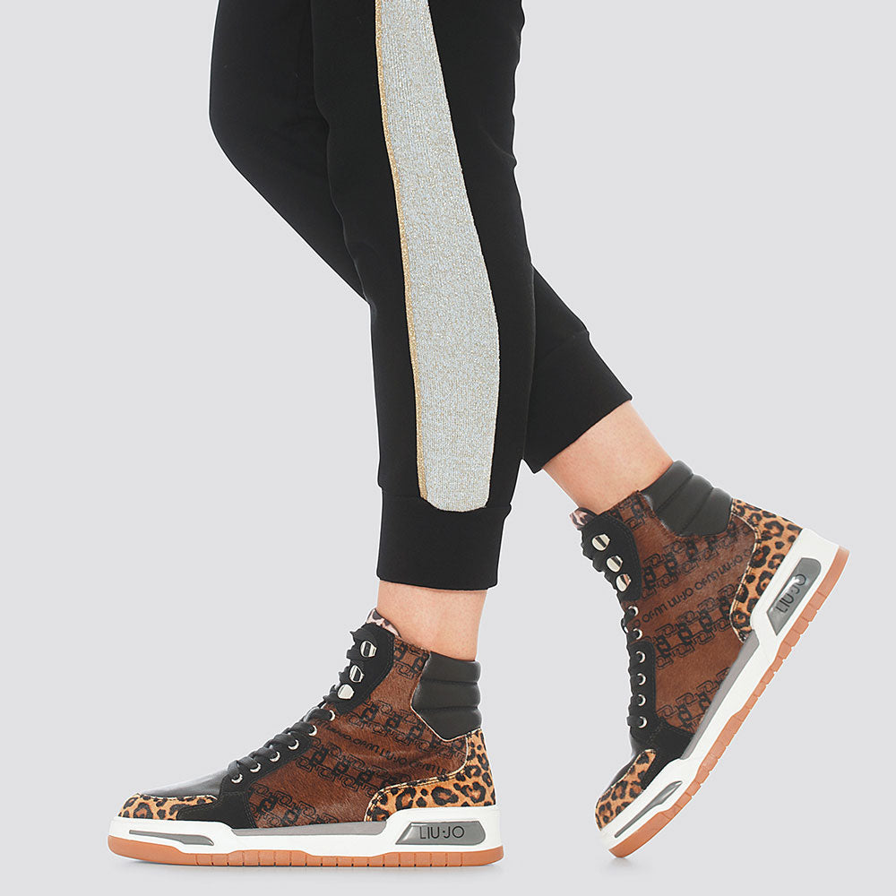 Scarpe Donna LIU JO Sneakers Alte in Cavallino stampa Monogram All Over Cammello e Nero