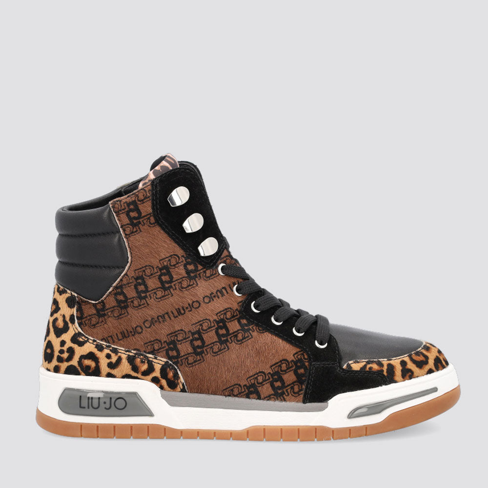 Scarpe Donna LIU JO Sneakers Alte in Cavallino stampa Monogram All Over Cammello e Nero