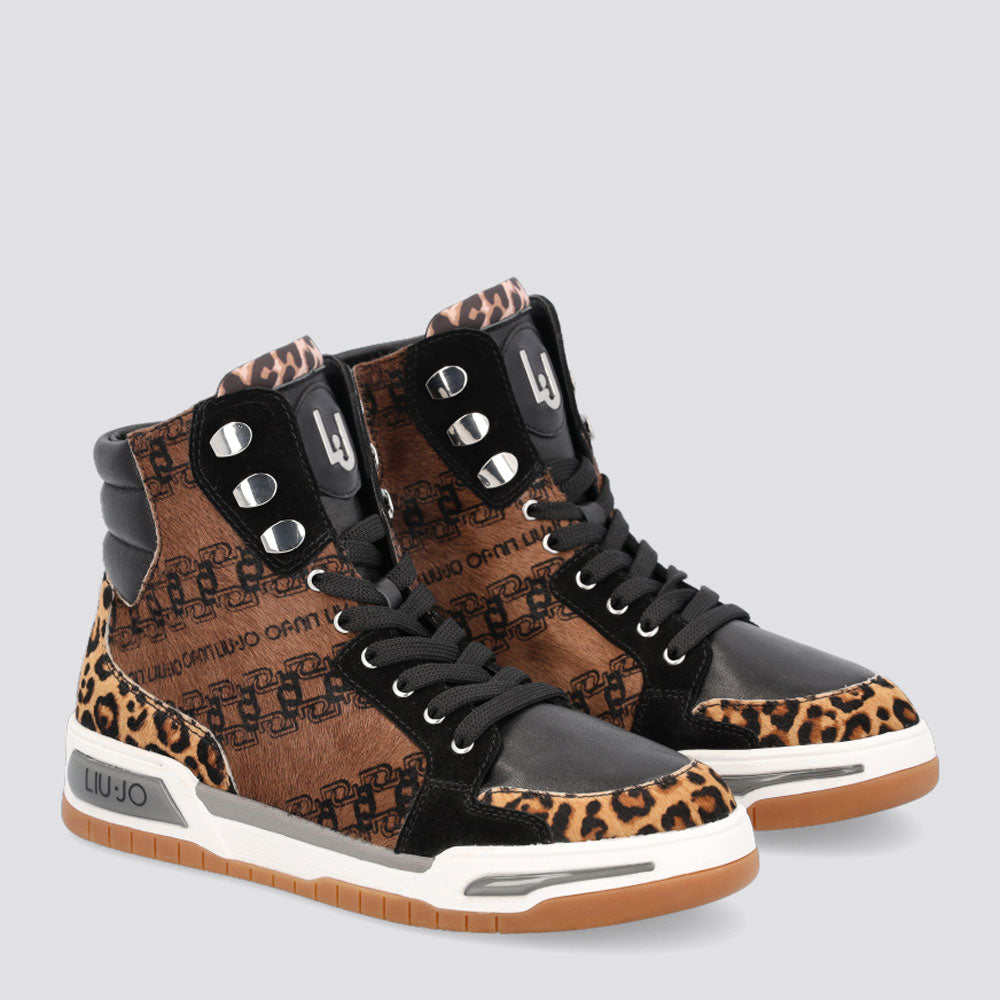 Scarpe Donna LIU JO Sneakers Alte in Cavallino stampa Monogram All Over Cammello e Nero