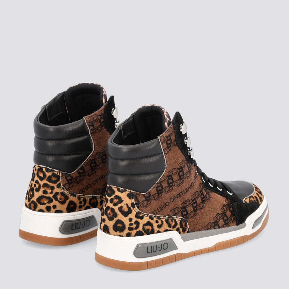 Scarpe Donna LIU JO Sneakers Alte in Cavallino stampa Monogram All Over Cammello e Nero