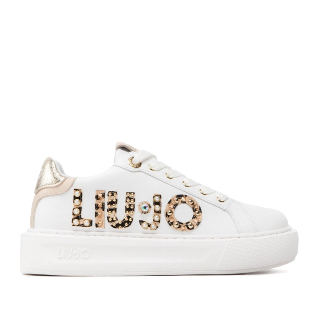 Scarpe Donna LIU JO Sneakers Kylie 10 in Pelle Bianca con Inserto Crackle Light Gold