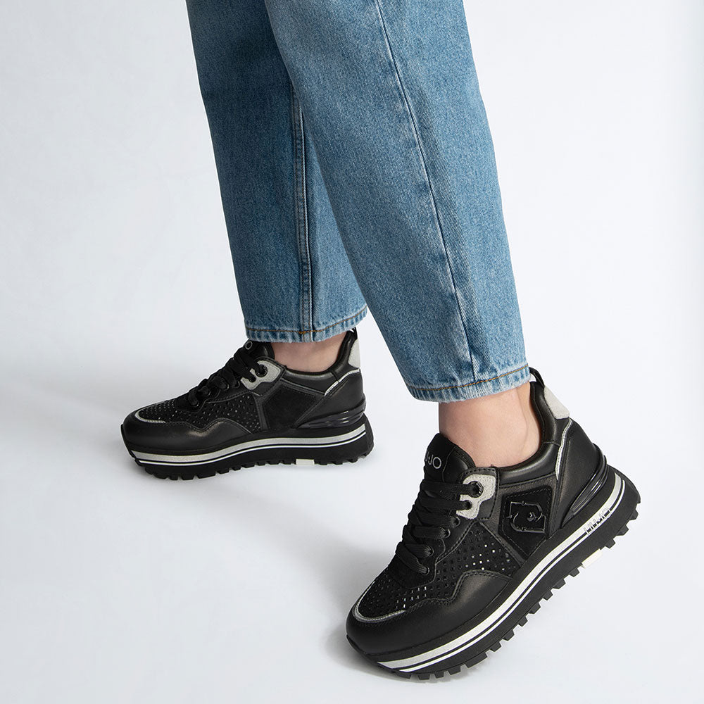 Scarpe Donna LIU JO Maxi Wonder 01 Sneakers Platform in Pelle Nera con Strass