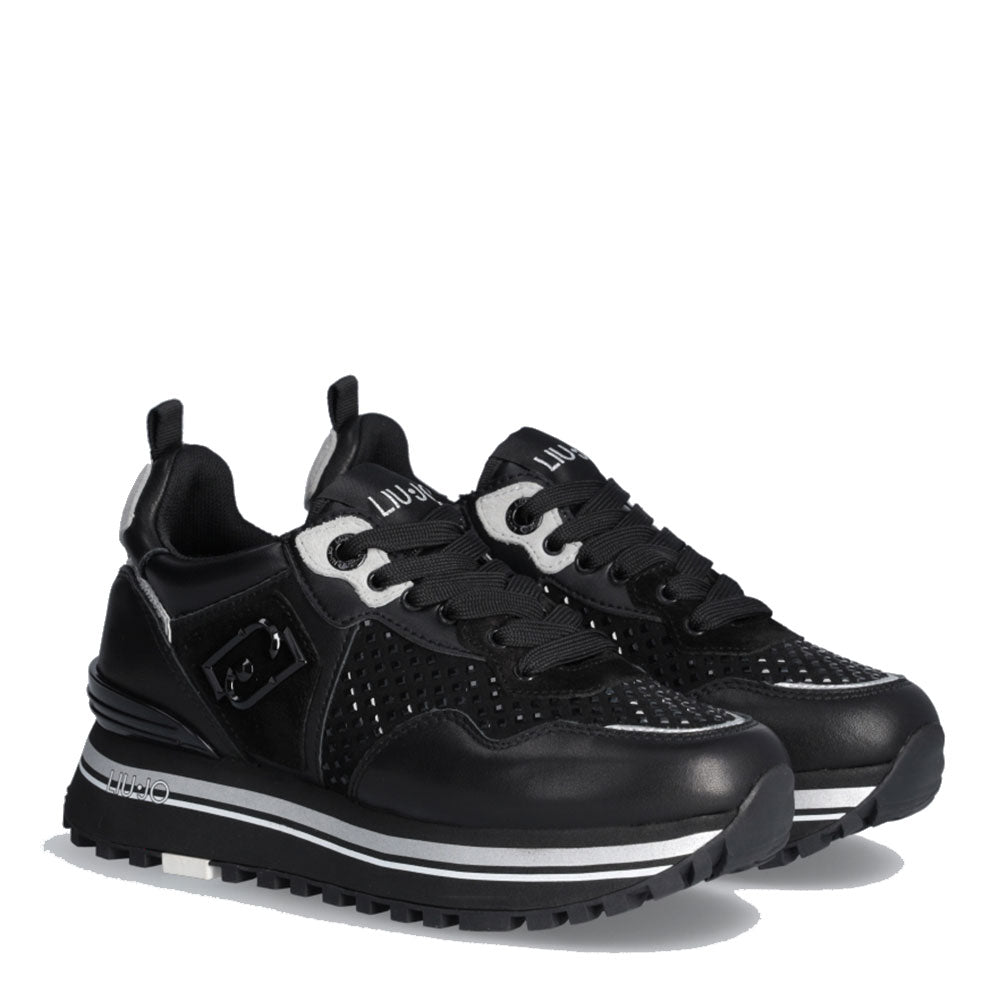 Scarpe Donna LIU JO Maxi Wonder 01 Sneakers Platform in Pelle Nera con Strass