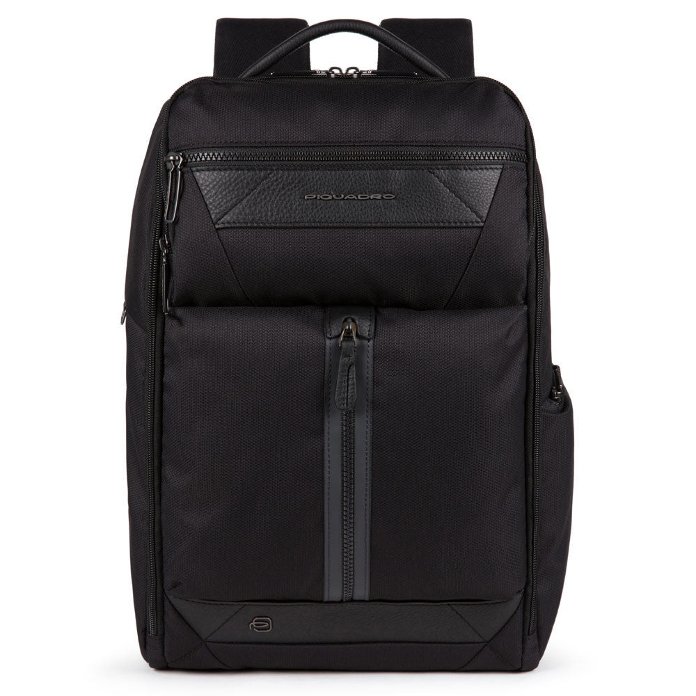 PIQUADRO Herrenrucksack aus schwarzem Leder und Stoff für 14" PC und iPad Trakai Line CA5524W109