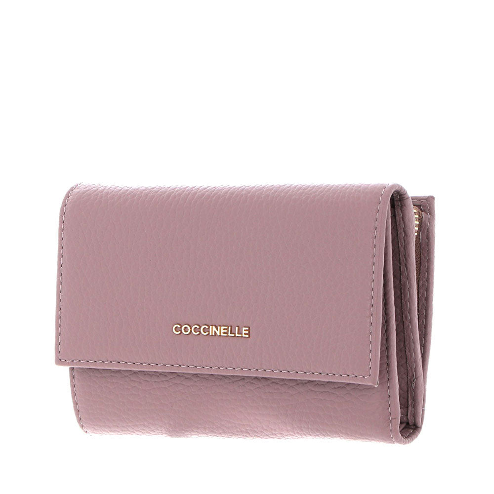 Portafoglio Piccolo COCCINELLE in Pelle Martellata Linea Metallic Soft colore Anemone