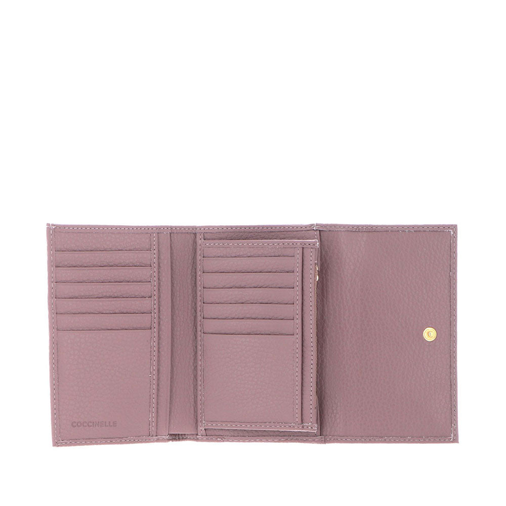 Portafoglio Piccolo COCCINELLE in Pelle Martellata Linea Metallic Soft colore Anemone