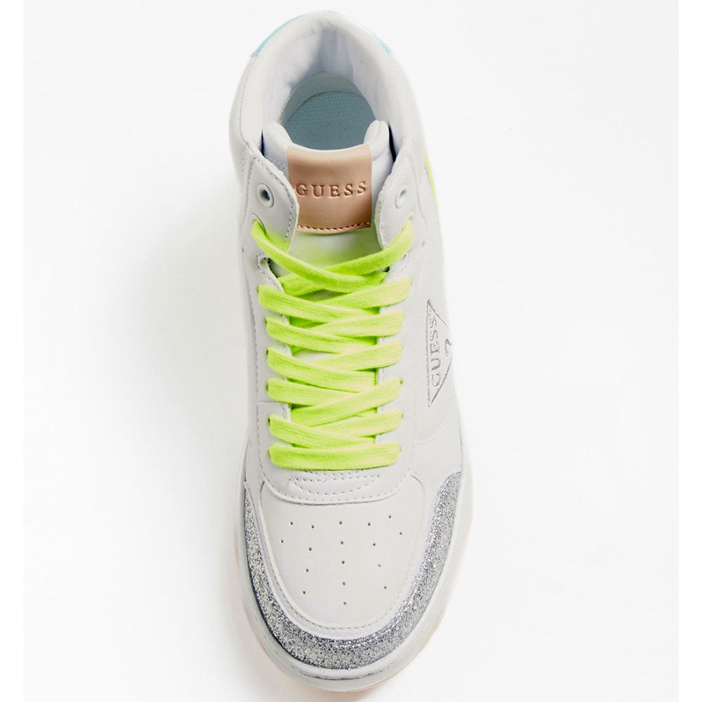 Sneakers Alte Donna GUESS con Glitter Colore Bianco - Argento Linea Maega