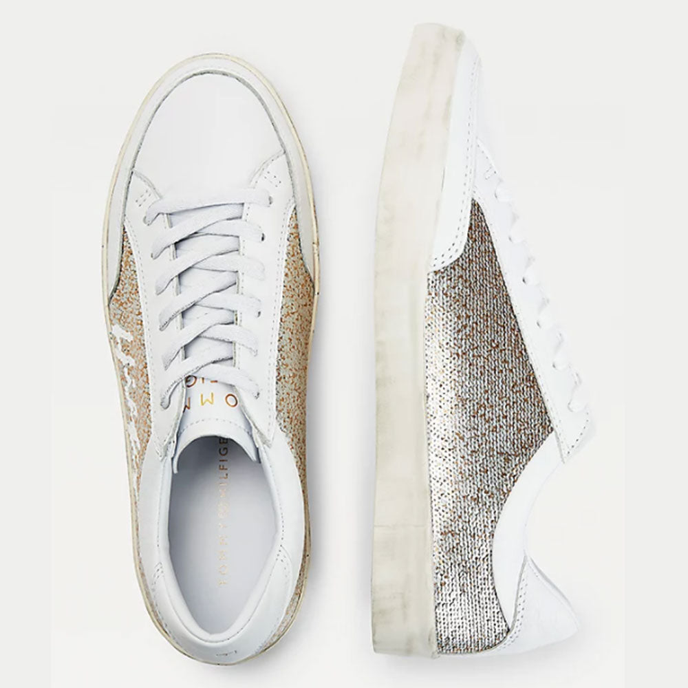 Scarpe Donna TOMMY HILFIGER Sneakers in Pelle Bianca con Paillettes