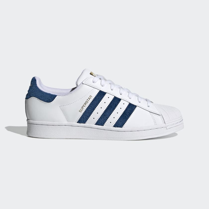 Scarpe ADIDAS Sneakers Uomo linea Superstar in Pelle colore Bianco e Blu a sconto Cuoieriashop