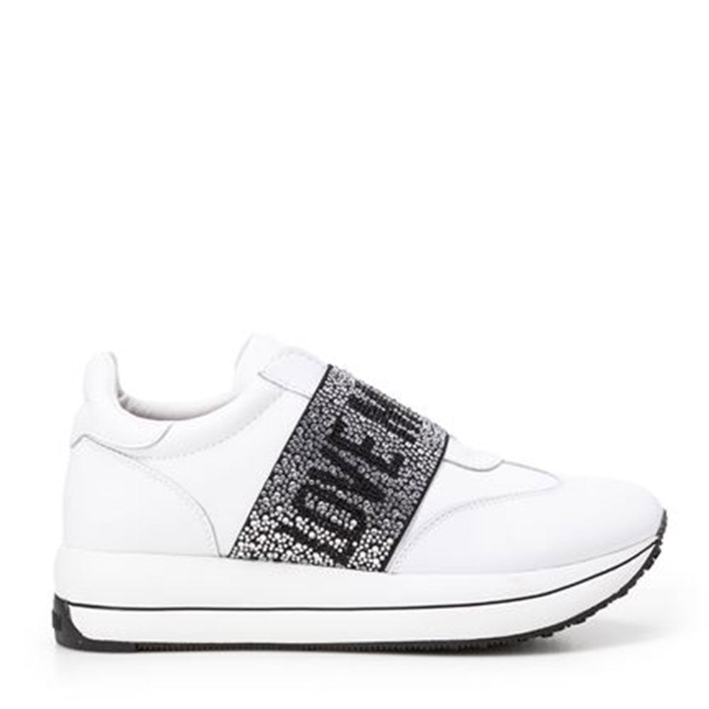 Scarpe Donna LOVE MOSCHINO Sneakers Running Slip On in Pelle Bianca con Fascia con Strass