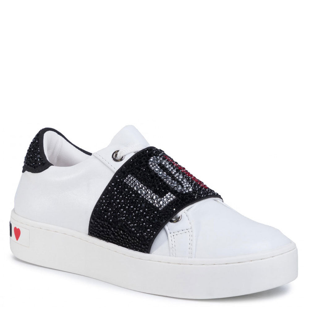 Scarpe Donna LOVE MOSCHINO Sneakers in Pelle Bianca con Fascia Logata con Strass
