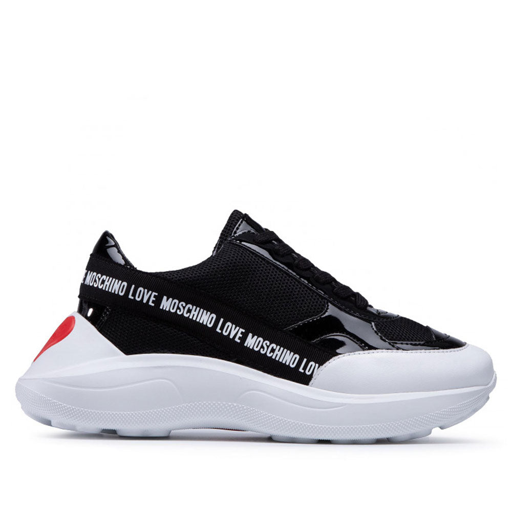 Scarpe Donna LOVE MOSCHINO Sneakers in Rete e Vernice Nero con Label Logo