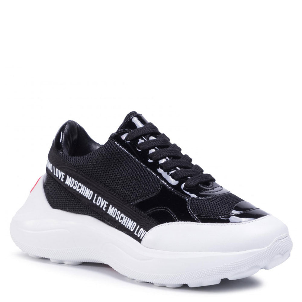 Scarpe Donna LOVE MOSCHINO Sneakers in Rete e Vernice Nero con Label Logo