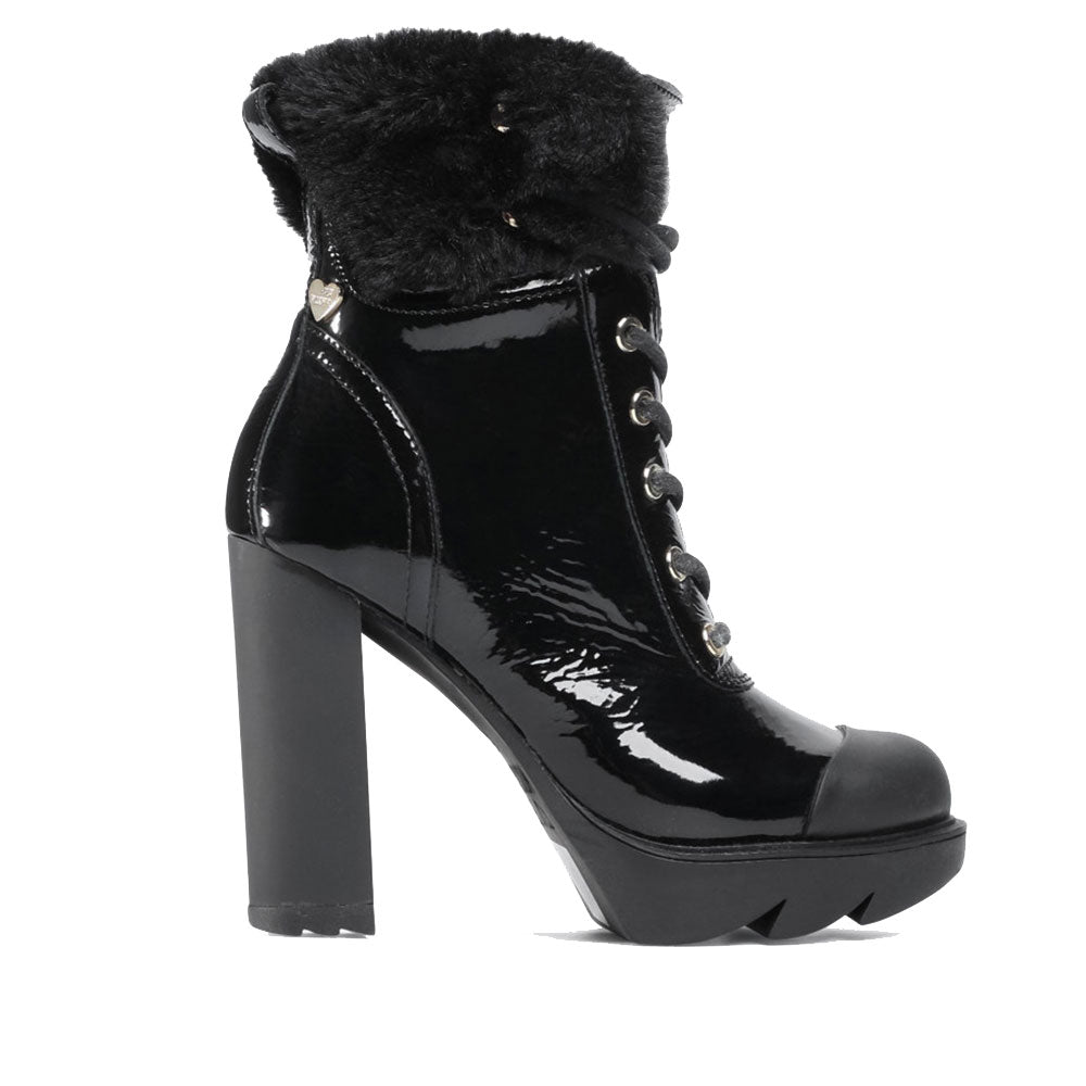 Scarpe Donna LOVE MOSCHINO Stivaletti con Tacco in Pelle Lucida Nera e Dettaglio Eco Fur