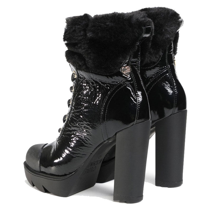 Scarpe Donna LOVE MOSCHINO Stivaletti con Tacco in Pelle Lucida Nera e Dettaglio Eco Fur