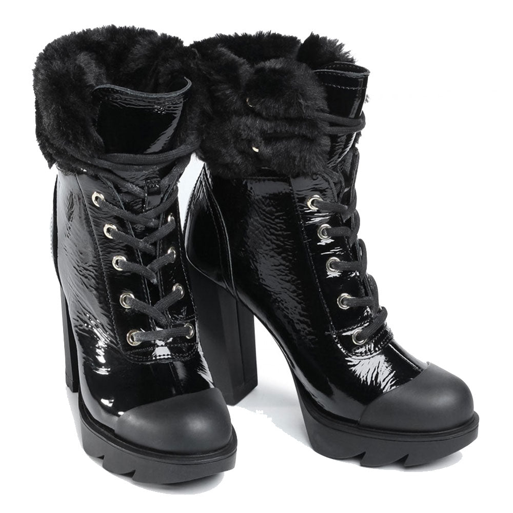 Scarpe Donna LOVE MOSCHINO Stivaletti con Tacco in Pelle Lucida Nera e Dettaglio Eco Fur