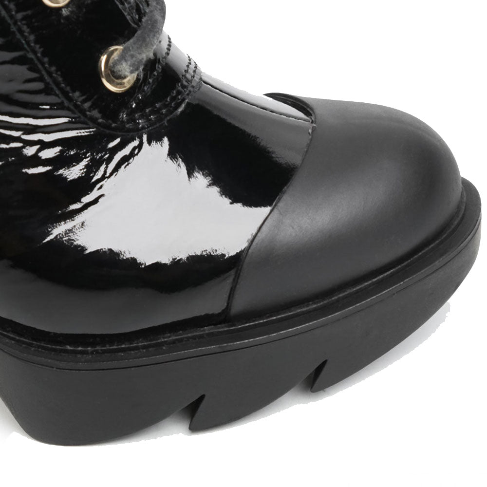 Scarpe Donna LOVE MOSCHINO Stivaletti con Tacco in Pelle Lucida Nera e Dettaglio Eco Fur