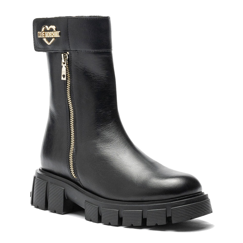 Scarpe Donna LOVE MOSCHINO Stivali in Pelle Nera linea Gold Metal
