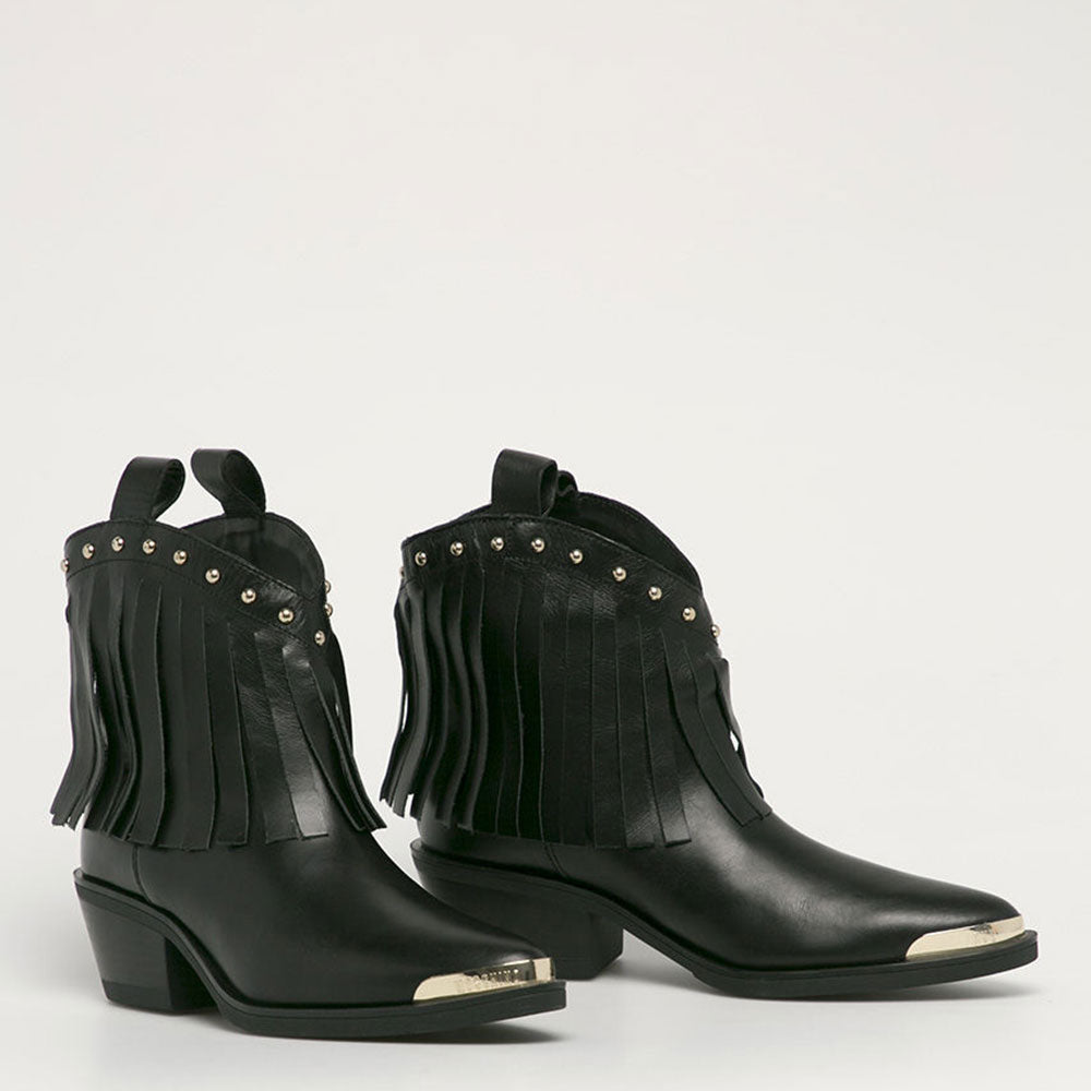Scarpe Donna LOVE MOSCHINO Stivaletti Texani in Pelle Nera con Frange