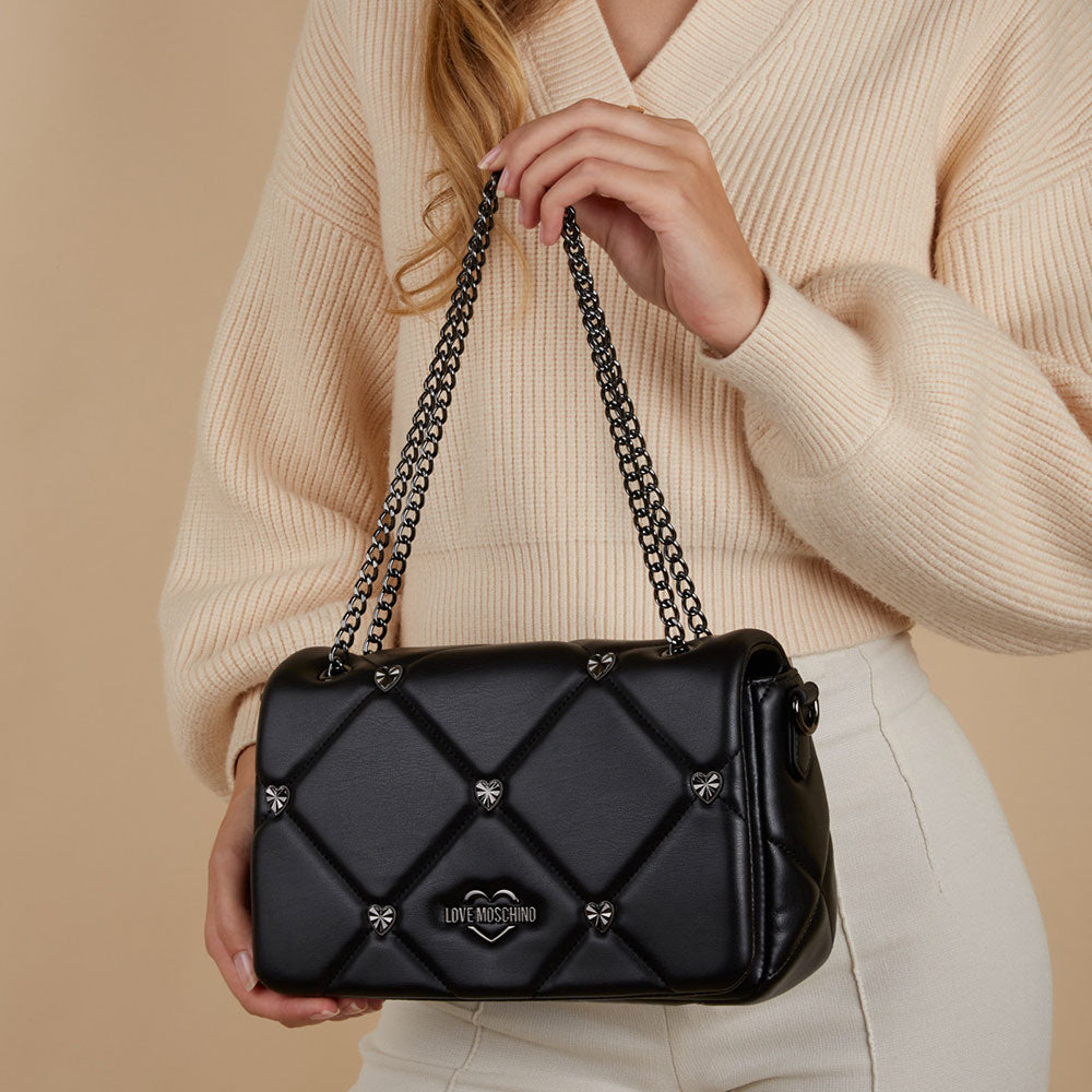 Borsa Donna a Spalla e Tracolla LOVE MOSCHINO linea Jewel Hearts Nero con Borchie Canna di Fucile