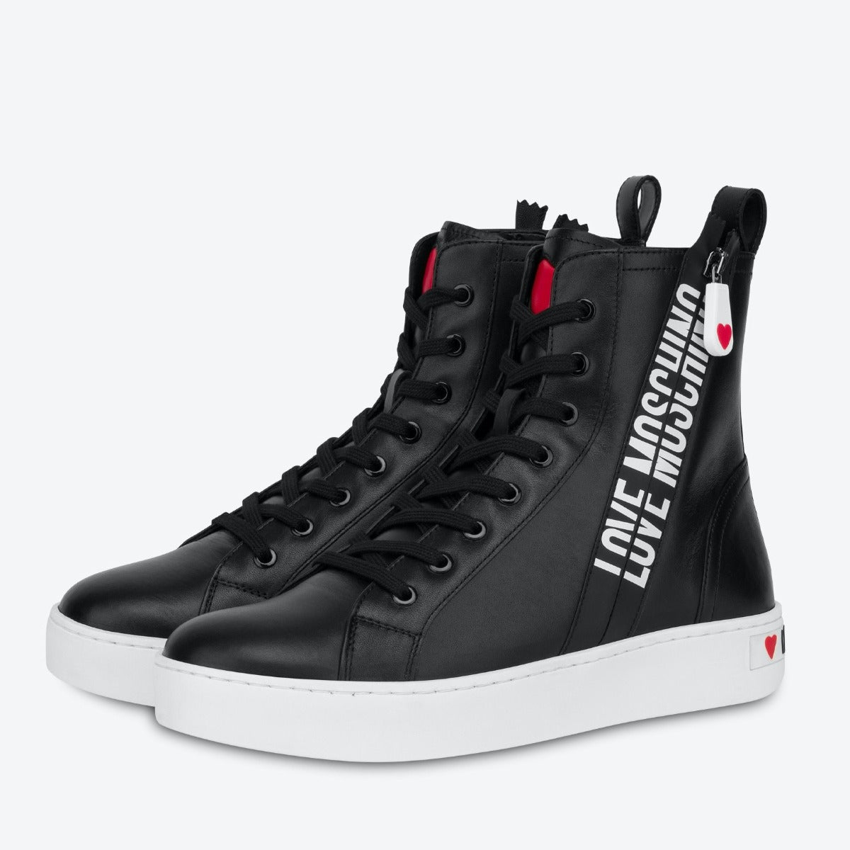 Scarpe Donna LOVE MOSCHINO Sneakers Alte in Pelle Nera linea Zipper