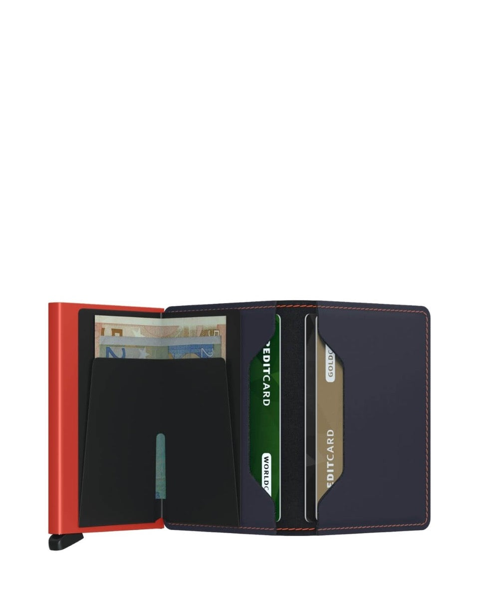 SECRID Matte Line Kartenetui aus nachtblauem und orangefarbenem Leder mit RFID