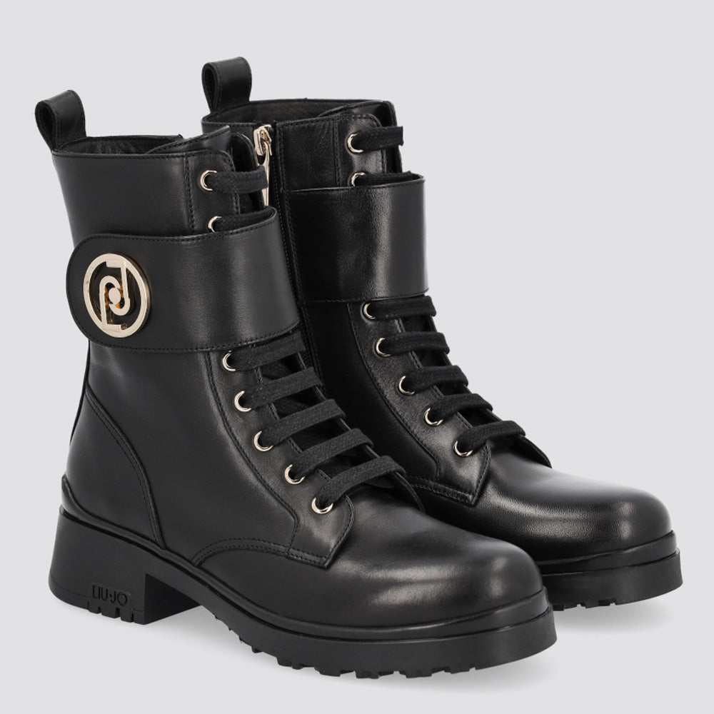 Scarpe Donna LIU JO Anfibi in Pelle Nera con Logo Oro