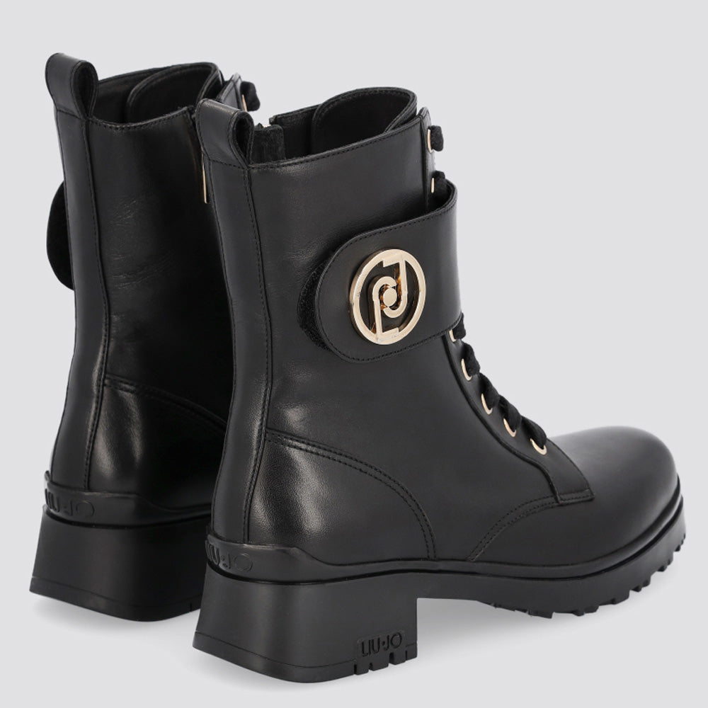 Scarpe Donna LIU JO Anfibi in Pelle Nera con Logo Oro