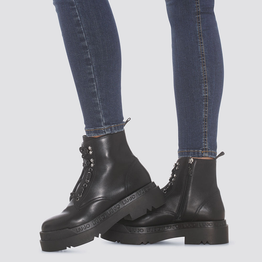 Scarpe Donna LIU JO Stivaletti Platform Stringati in Pelle Nera