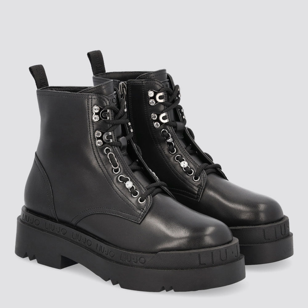 Scarpe Donna LIU JO Stivaletti Platform Stringati in Pelle Nera