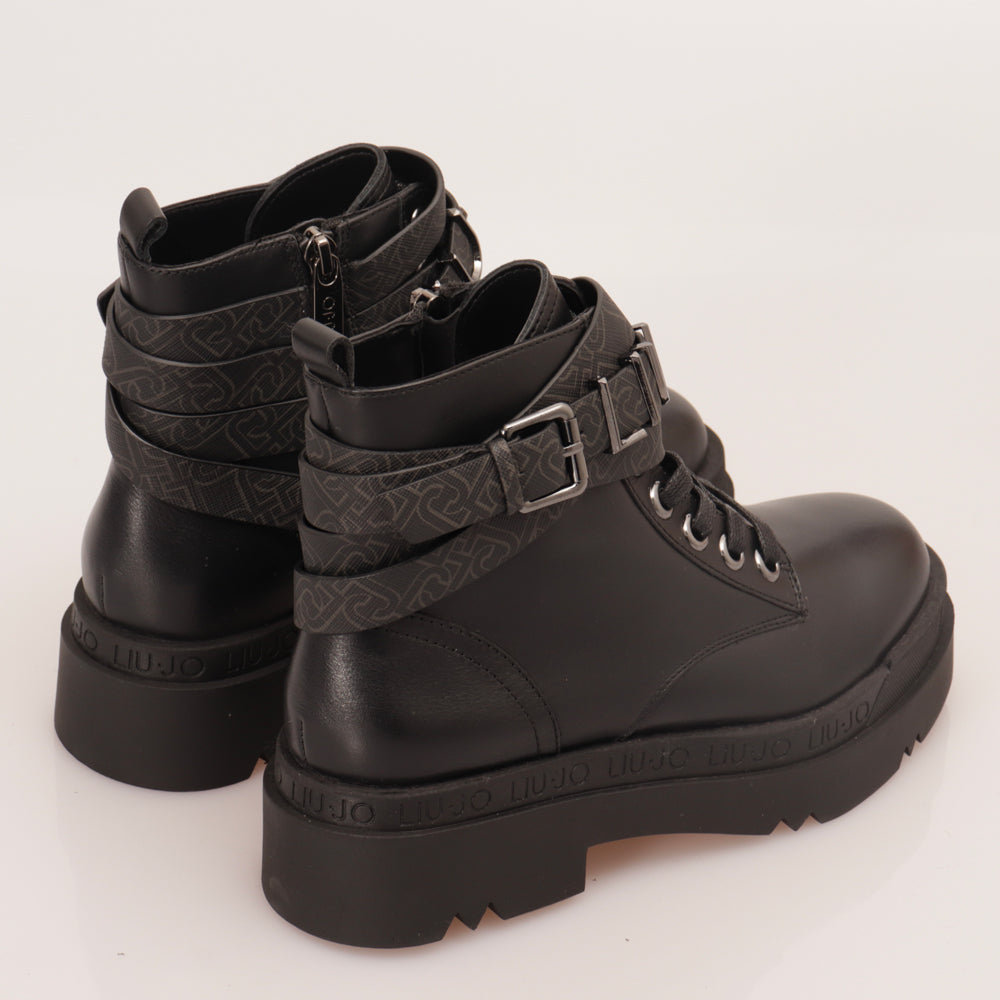Scarpe Donna LIU JO Anfibi in Pelle Liscia Nera con Dettaglio Monogram