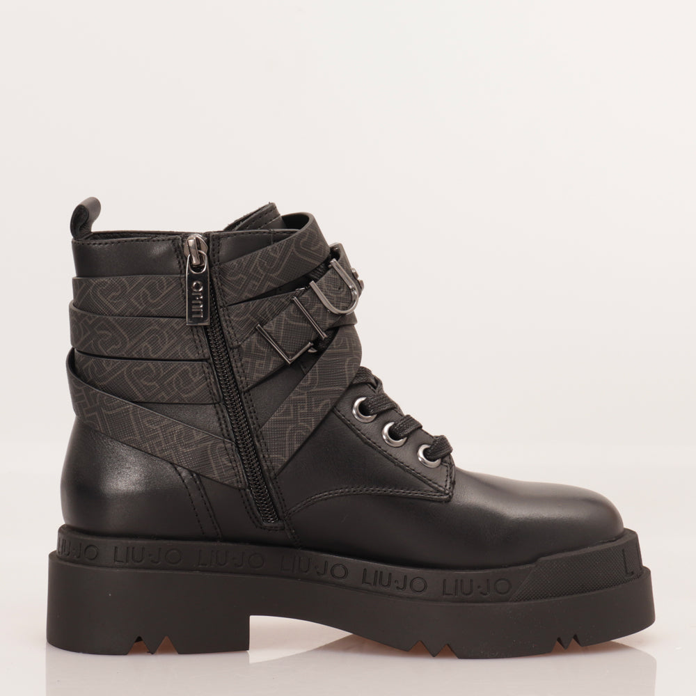 Scarpe Donna LIU JO Anfibi in Pelle Liscia Nera con Dettaglio Monogram