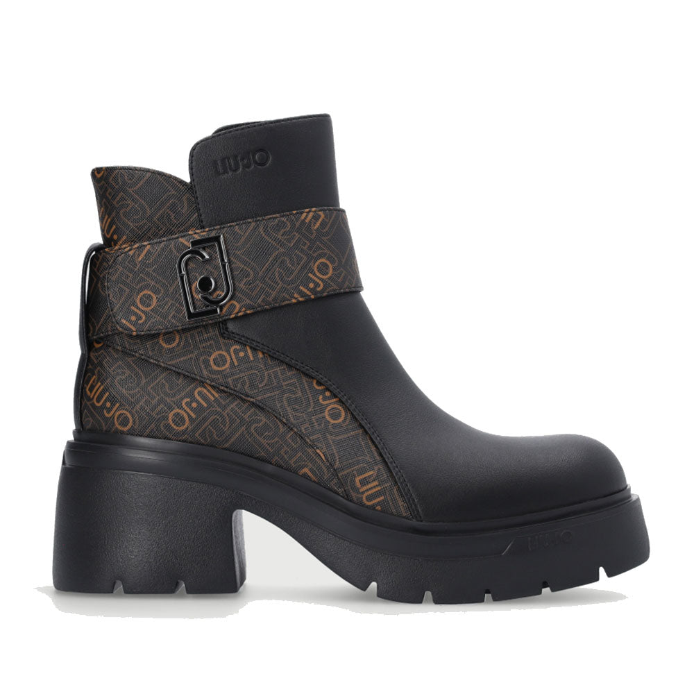 Damenschuhe LIU JO Carrie 04 Schwarze Stiefeletten mit Absatz und braunem Monogramm-Einsatz