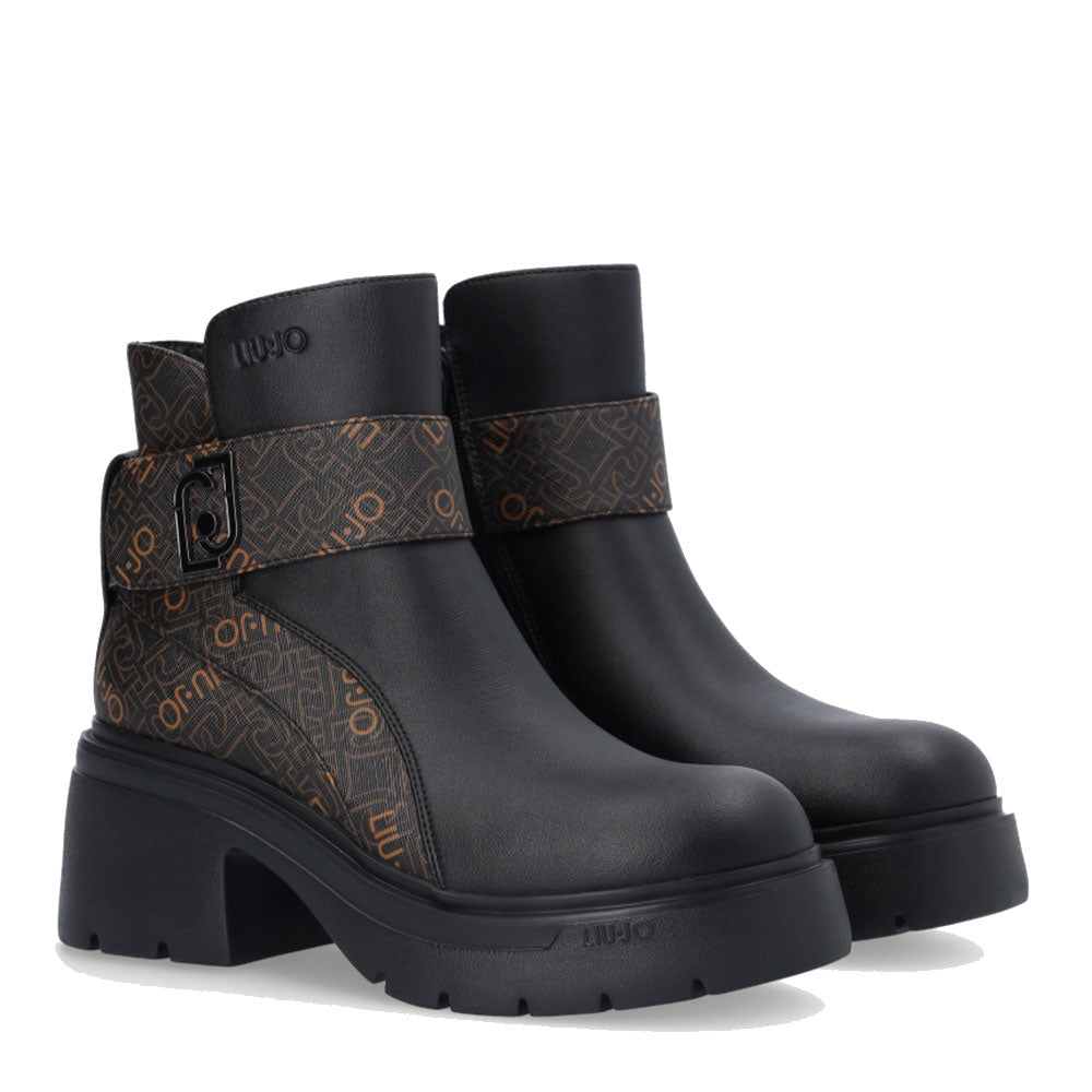 Damenschuhe LIU JO Carrie 04 Schwarze Stiefeletten mit Absatz und braunem Monogramm-Einsatz