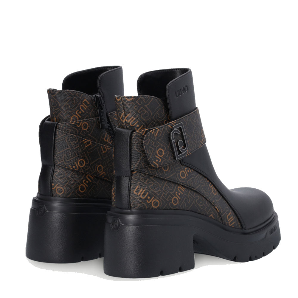 Damenschuhe LIU JO Carrie 04 Schwarze Stiefeletten mit Absatz und braunem Monogramm-Einsatz