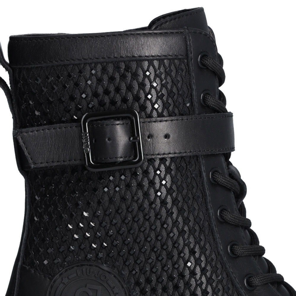 Scarpe Donna LIU JO Flair 03 Anfibi Alti in Pelle Nera con Inserti in Rete e Strass