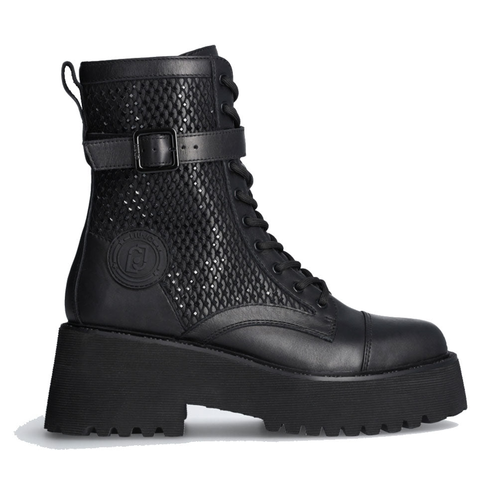 Scarpe Donna LIU JO Flair 03 Anfibi Alti in Pelle Nera con Inserti in Rete e Strass