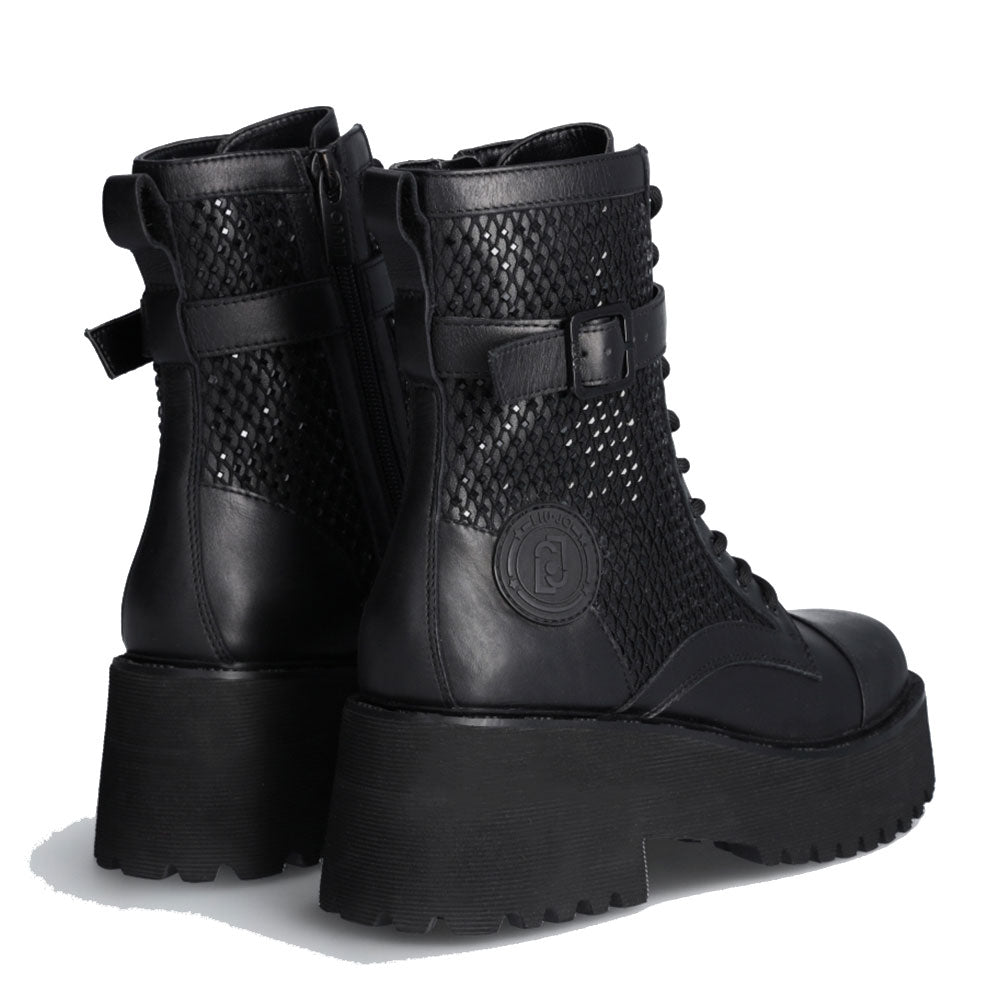 Scarpe Donna LIU JO Flair 03 Anfibi Alti in Pelle Nera con Inserti in Rete e Strass