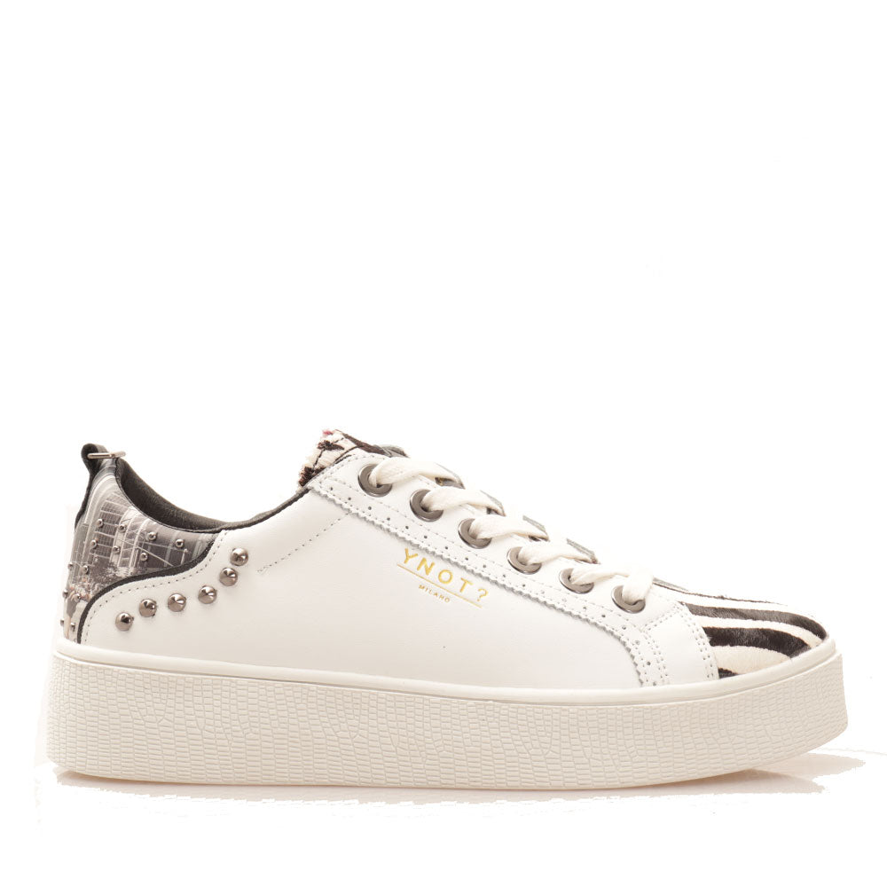 Scarpe Donna Y NOT Sneakers linea Spirit in Pelle Bianca con Dettagli Zebrati