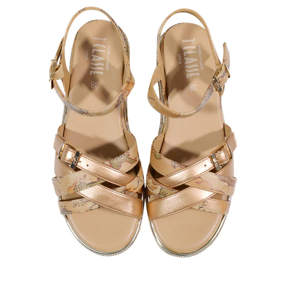 Sandali Platform 1A Classe Alviero Martini in Eco Nappa Oro Rosa e Geo Beige 2488