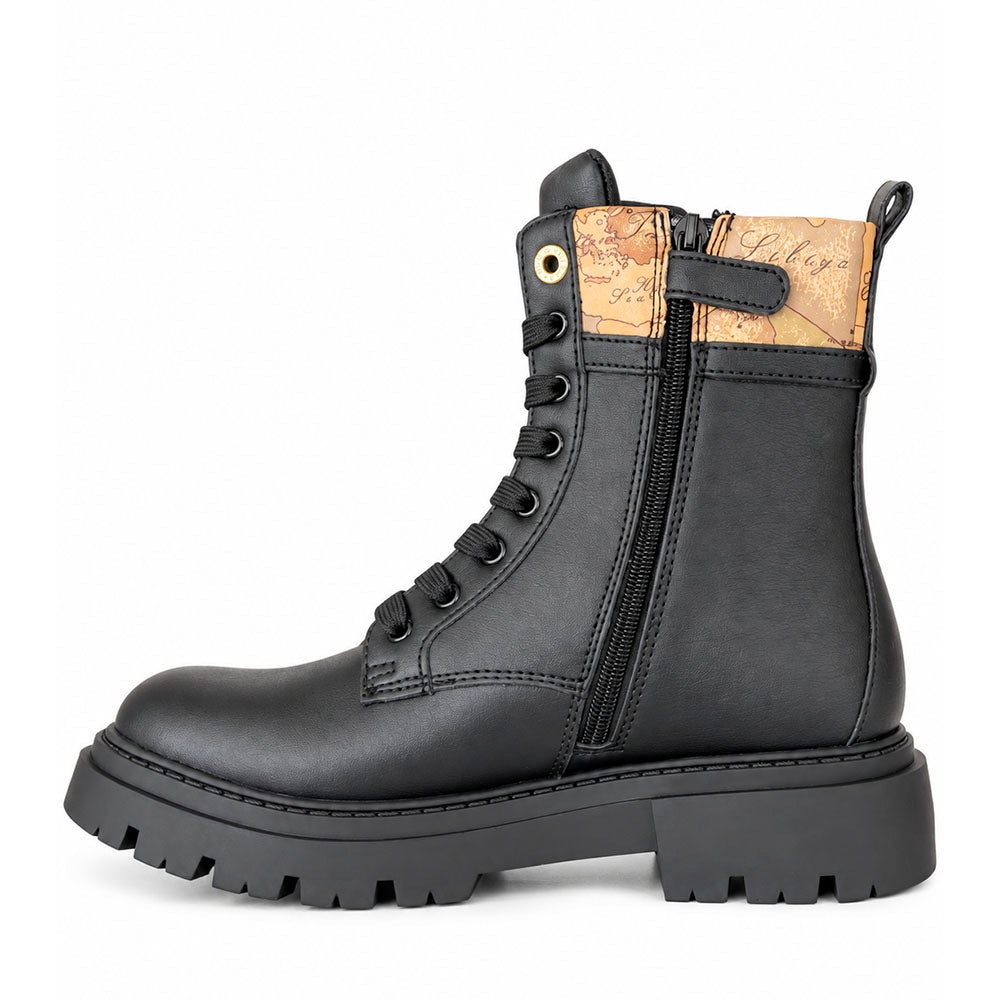 Black Faux Nappa Combat Boots with Beige Geo Inserts 1A Classe ALVIERO MARTINI 2569