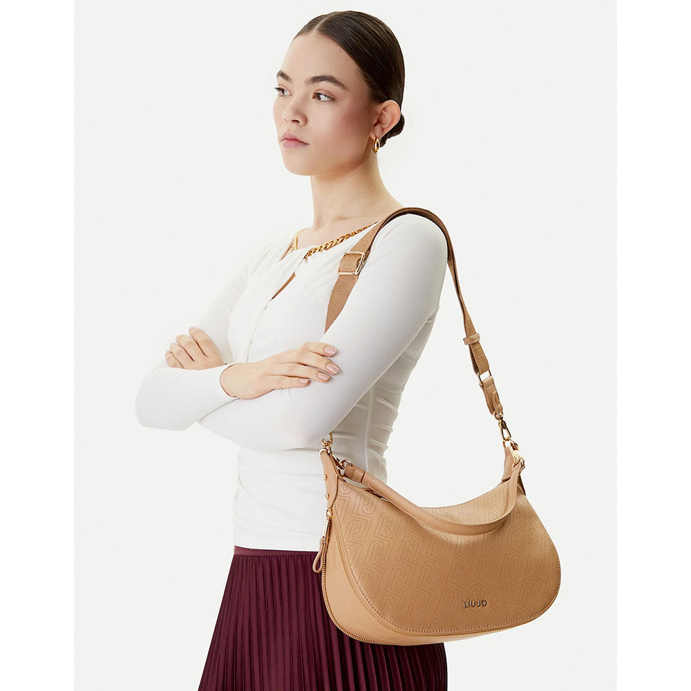 Hobo Bag Media con Tracolla LIU JO color Cammello con Logo Laserato Monogram
