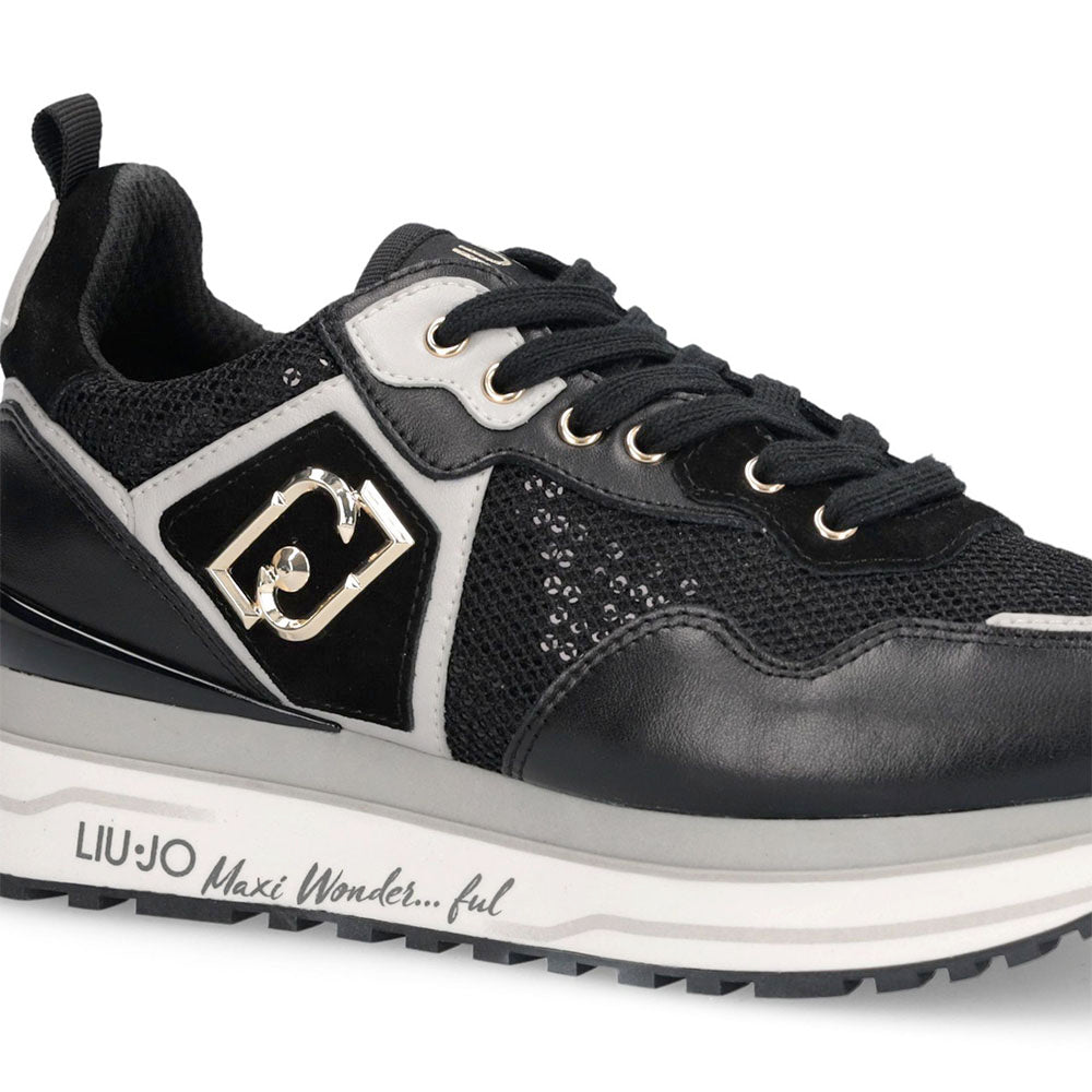 Sneakers Platform Donna LIU JO Maxi Wonder 01 in Pelle e Mesh Nero con Paillettes