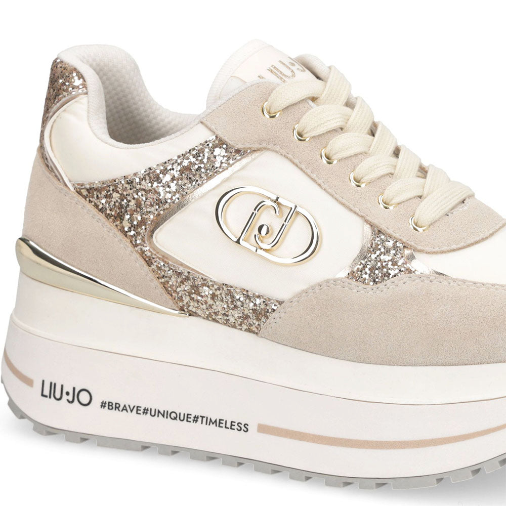 Sneakers Super Platform Donna LIU JO Maxi Wonder Plus 01 in Suede Nylon e Glitter Rope Milk