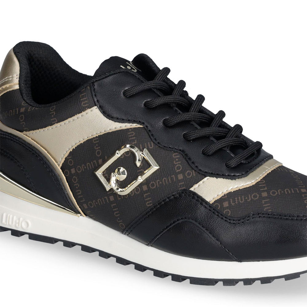 Sneakers Running LIU JO Maxi Wonder Low 02 in Pelle Nera e Inserti stampa Monogram