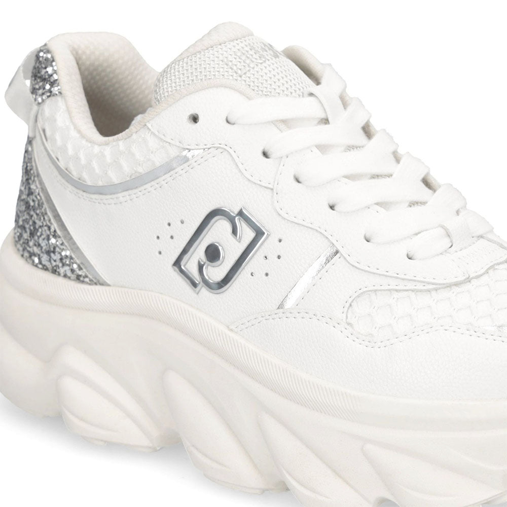 Scarpe Donna LIU JO Steffy 01 Sneakers Chuncky in Pelle Bianca con Inserto Glitter Argento