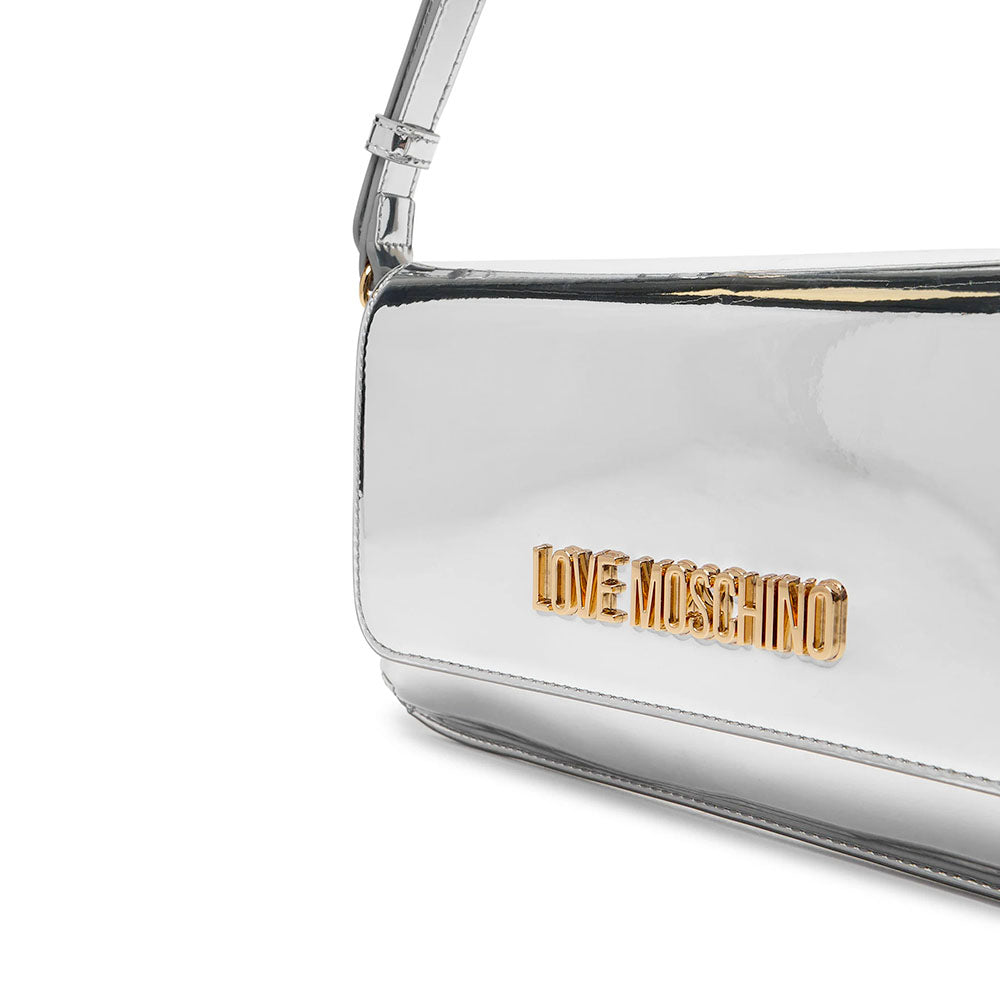 Borsa Piatta a Spalla LOVE MOSCHINO linea Lettering Logo Mirror Argento