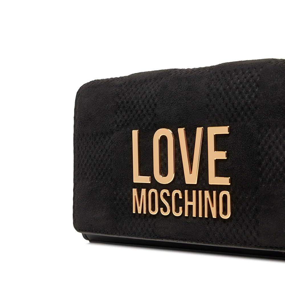Damen-Clutch mit Umhängeriemen LOVE MOSCHINO Modell Gold Metal Logo aus weichem Stoff in Schwarz